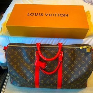 Louis Vuitton AUTHENTIC Calfskin Monogram Keepall Bandouliere 50 Coquelicot